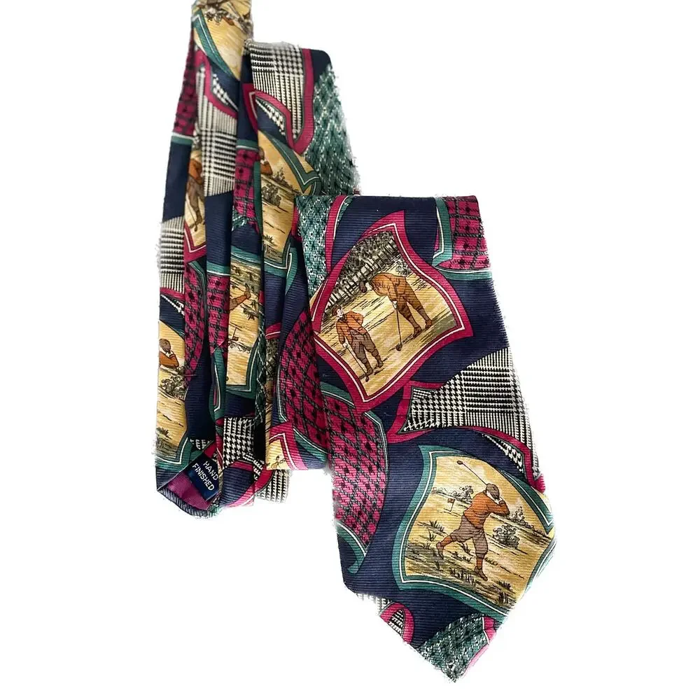 Vintage Nautica Silk Golf Tie 90s Prep Patchwork Country Club Necktie 3.75